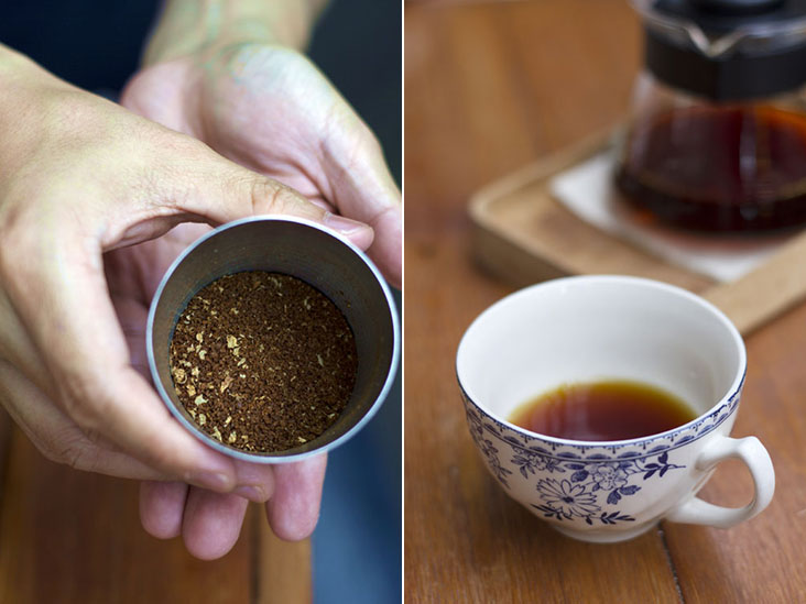 Take a whiff of the freshly ground beans (left). Enjoy a cup of Ethiopia Shara at 18 Grams, full of fruity notes (right).