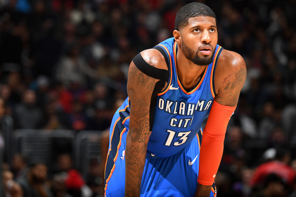Paul George of the Oklahoma City Thunder looks on during the NBA game against the LA Clippers at Staples Centre in Los Angeles March 8, 2019. u00e2u20acu201d AFP pic