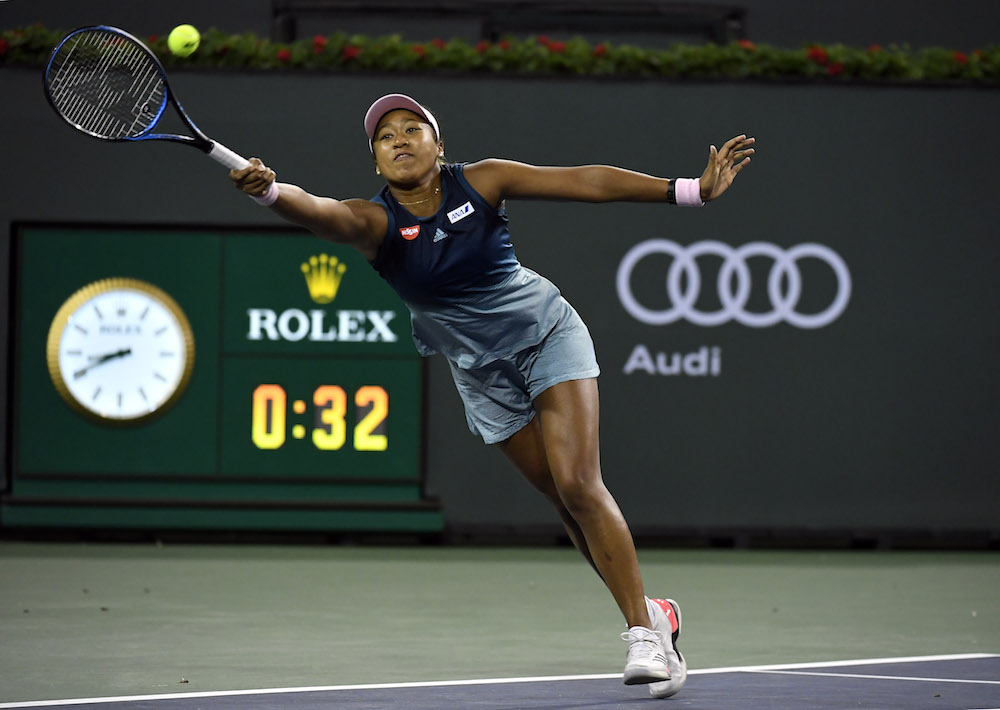 Naomi Osaka stretches for a return against Kristina Mladenovic during their second-round womenu00e2u20acu2122s singles match at the BNP Paribas Open in Indian Wells March 9, 2019. u00e2u20acu201d AFP pic