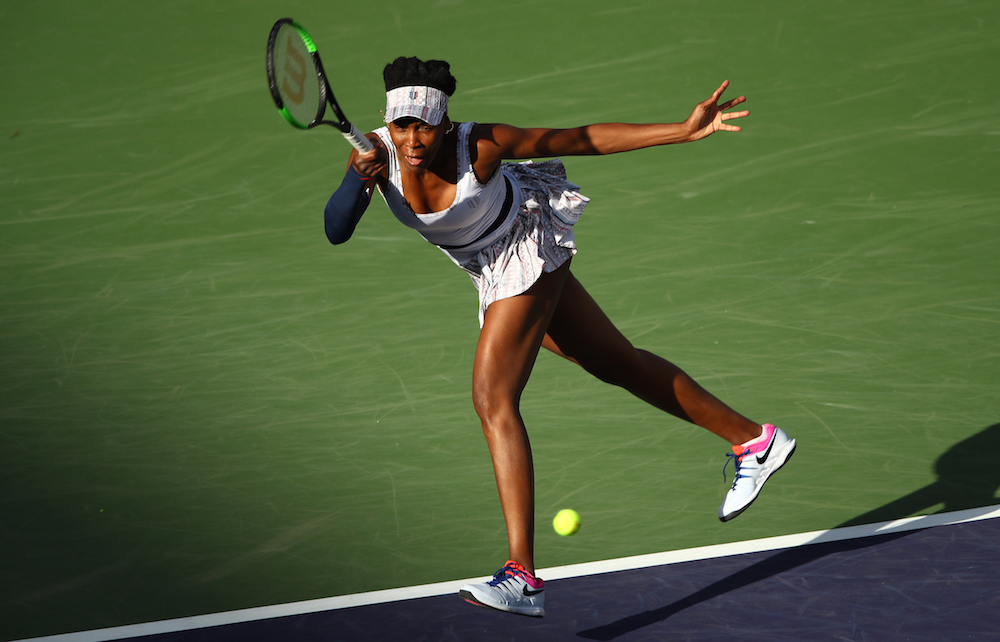 Venus Williams plays a forehand against Petra Kvitova during their womenu00e2u20acu2122s singles second round match at the BNP Paribas Open in Indian Wells March 9, 2019. u00e2u20acu201d AFP pic
