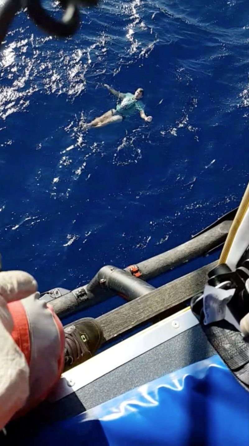 A man who used his jeans as a makeshift flotation device, is rescued by a helicopter off Tolaga Bay in Gisborne, New Zealand, in this still from a handout video taken March 6, 2019. u00e2u20acu201d Lowe Corporation Rescue Helicopter Service/Handout pic via Reuters
