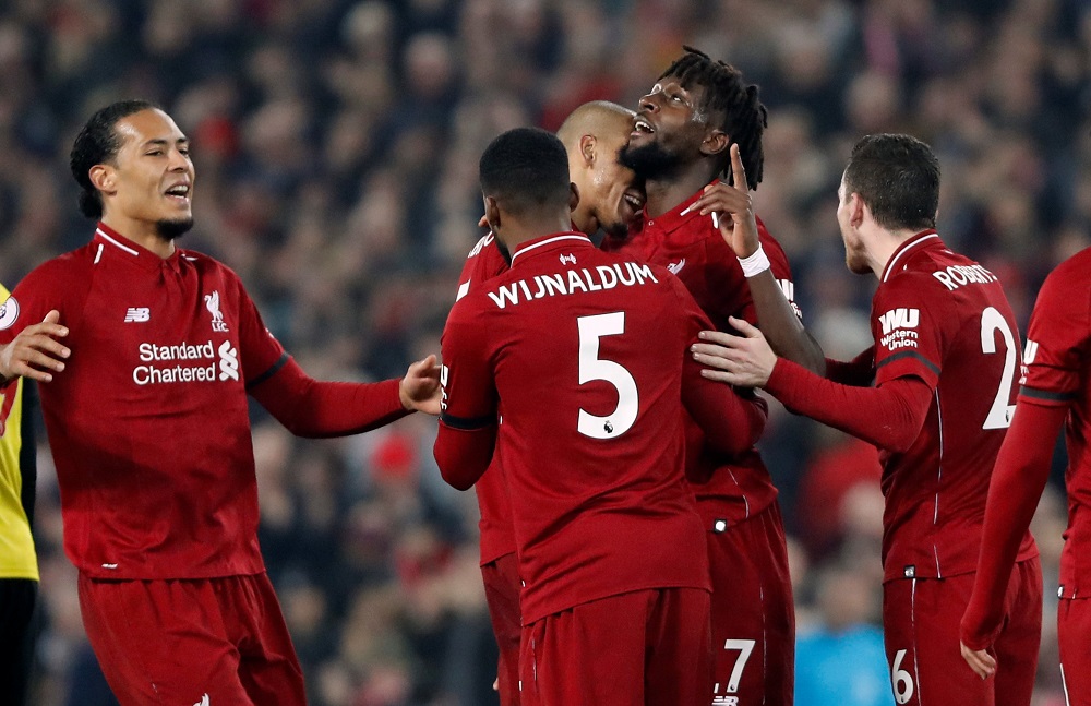 Liverpool's Divock Origi celebrates scoring their third goal with team mates at Anfield in Liverpoop Februrary 27, 2019. u00e2u20acu201d Reuters pic