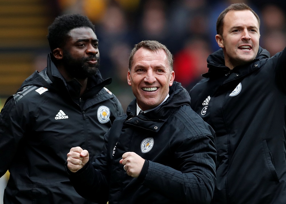 Leicester City manager Brendan Rodgers and first team coach Kolo Toure celebrate after Jamie Vardy scored their first goal against Watford at Vicarage Road in Watford March 3, 2019. u00e2u20acu201dReuters pic