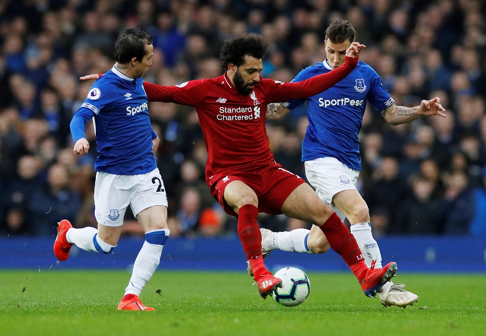 Liverpool's Mohamed Salah in action with Everton's Lucas Digne and Bernard at Goodison Park in Liverpool March 3, 2019. u00e2u20acu201d Reuters pic