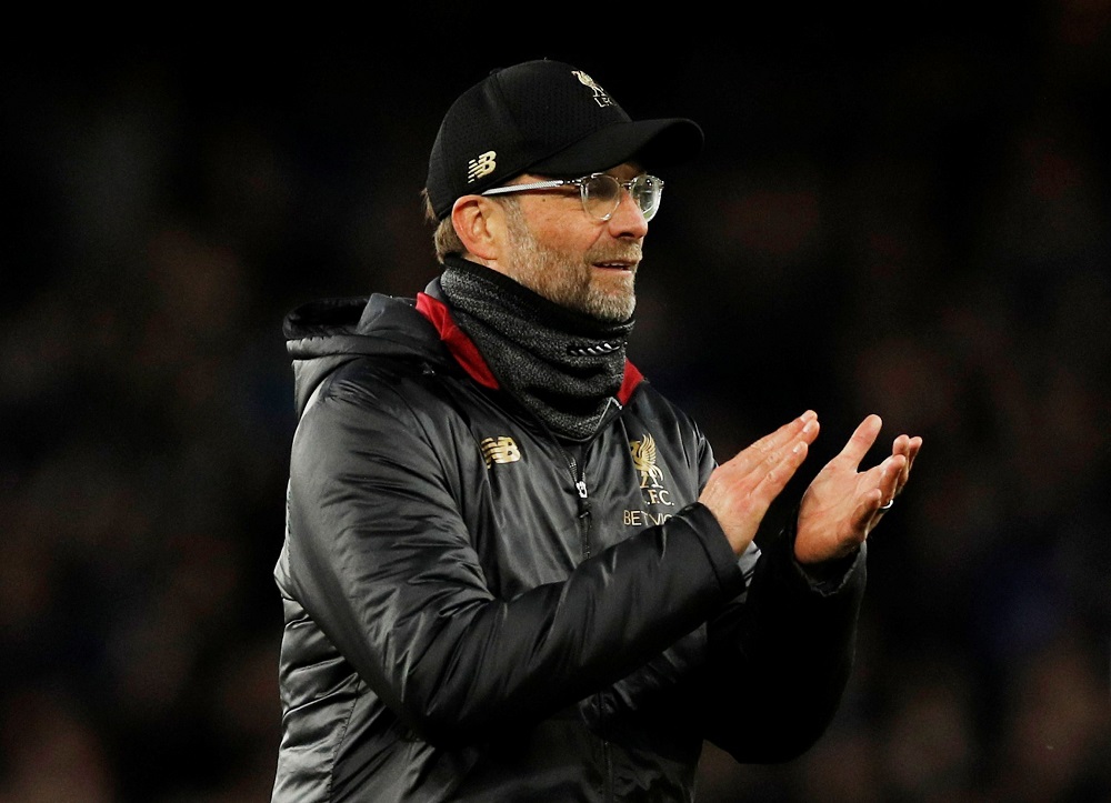 Liverpool manager Juergen Klopp applauds fans after the match at Goodison Park in Liverpool March 3, 2019. u00e2u20acu201d Reuters pic