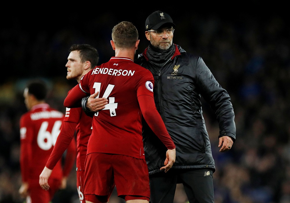 Liverpool manager Juergen Klopp and Liverpoolu00e2u20acu2122s Jordan Henderson after the match against Everton at Goodison Park in Liverpool March 3, 2019. u00e2u20acu201d Reuters pic