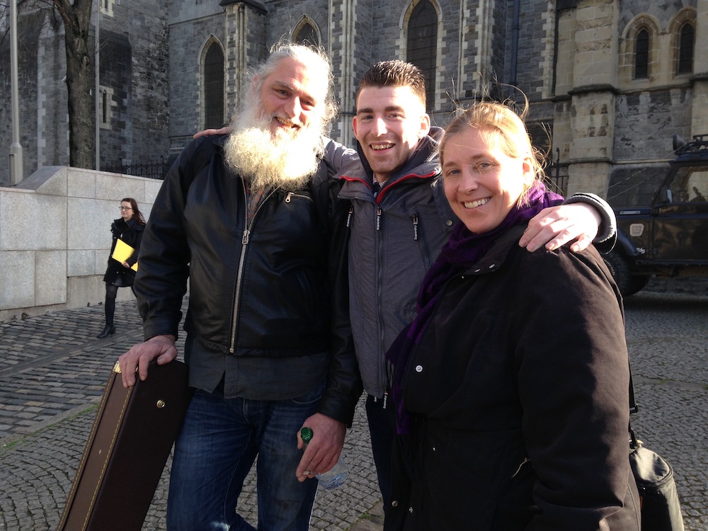 (From left) Patrick McEvoy, Eddie Dooner and Ronya Arya Phoenix, participants in a scheme run by My Streets Ireland which is training homeless people to become tour guides, are pictured in Dublin February 21, 2019. u00e2u20acu201d Thomson Reuters Foundation pic