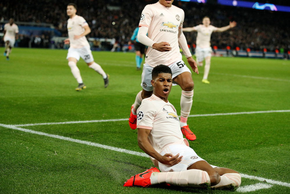 Manchester Unitedu00e2u20acu2122s Marcus Rashford celebrates scoring their third goal during their Champions League round of 16 second leg match with PSG in Paris March 6, 2019. u00e2u20acu201d Action Images pic via Reuters