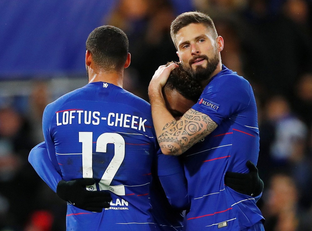 Chelsea's Callum Hudson-Odoi celebrates scoring their third goal with Ruben Loftus-Cheek and Olivier Giroud at Stamford Bridge London March 7, 2019. u00e2u20acu201d Reuters pic