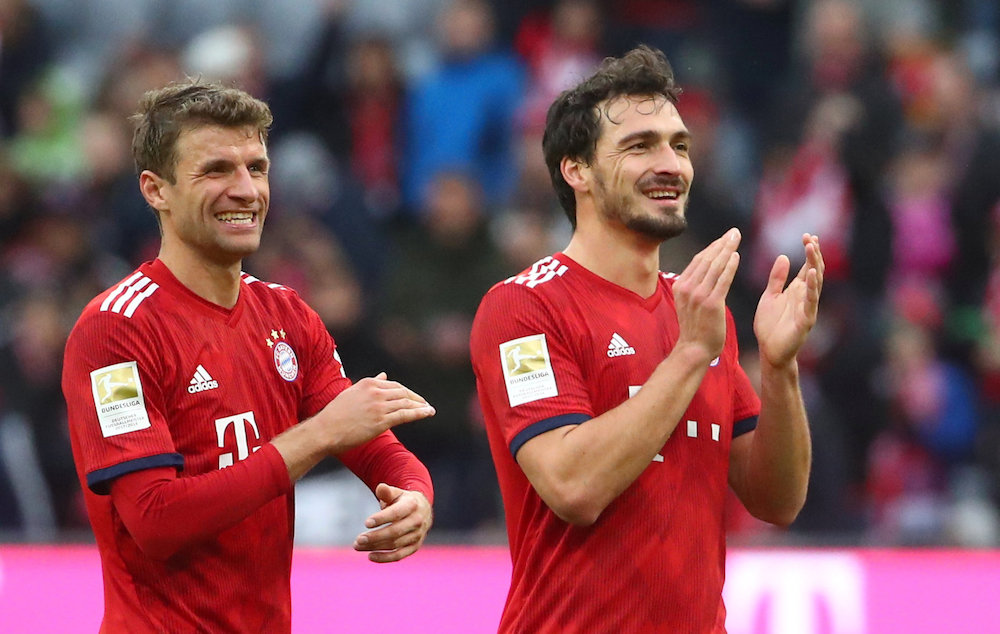 Bayern Munichu00e2u20acu2122s Thomas Mueller and Mats Hummels applaud the fans after the Bundesliga match with Wolfsburg at Allianz Arena in Munich March 9, 2019. u00e2u20acu201d Reuters pic