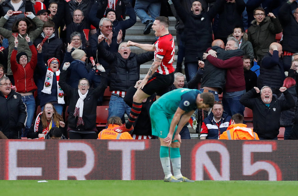 Southamptonu00e2u20acu2122s Pierre-Emile Hojbjerg celebrates as Tottenhamu00e2u20acu2122s Jan Vertonghen reacts after their Premier League match at St Maryu00e2u20acu2122s Stadium in Southampton March 9, 2019. u00e2u20acu201d Action Images pic via Reuters
