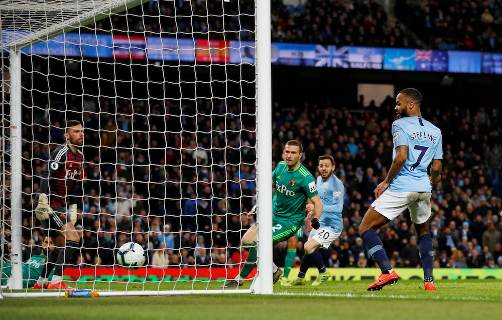 Manchester Cityu00e2u20acu2122s Raheem Sterling scores their second goal during their Premier League match with Watford at Etihad Stadium in Manchester March 9, 2019. u00e2u20acu201d Reuters pic