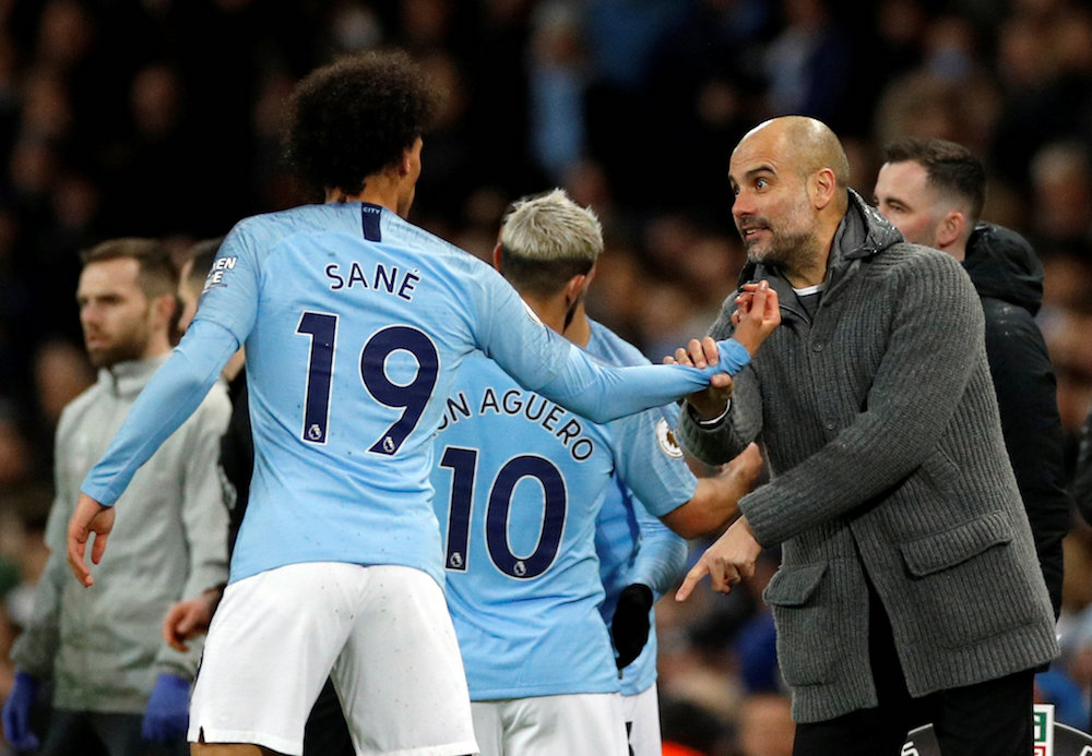 Manchester Cityu00e2u20acu2122s Gabriel Jesus comes on as a substitute to replace Sergio Aguero as manager Pep Guardiola gives instructions to Leroy Sane during their Premier League match with Watford at Etihad Stadium in Manchester March 9, 2019. u00e2u20acu201d Reuters pic