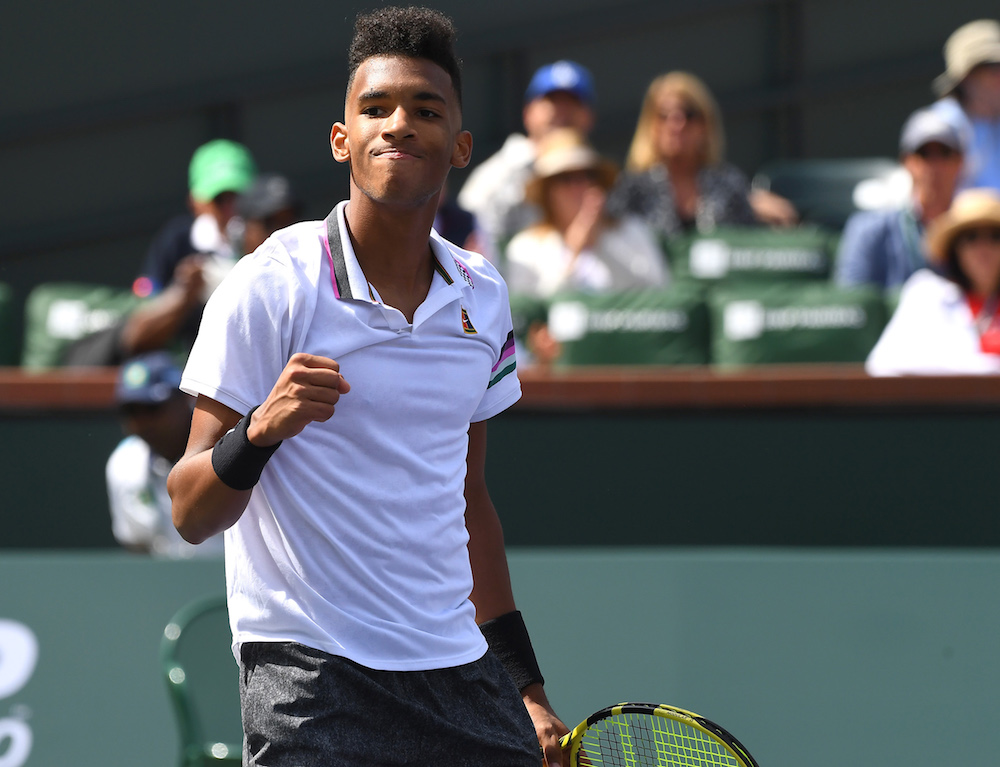 Felix Auger-Aliassime pumps his fist after defeating Stefanos Tsitsipas in the second round of the BNP Paribas Open in Indian Wells, California March 9, 2019. u00e2u20acu201d Jayne Kamin-Oncea-USA TODAY Sports pic via Reuters