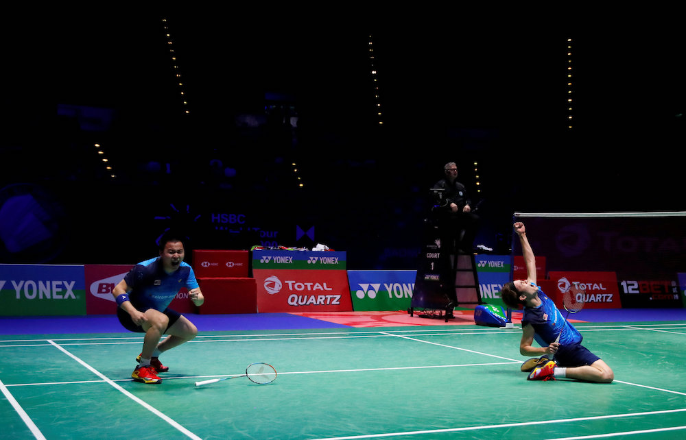 Malaysiau00e2u20acu2122s Aaron Chia and Wooi Yik Soh celebrate winning their menu00e2u20acu2122s doubles semi-final against Indonesiau00e2u20acu2122s Fajar Alfian and Muhammad Rian Ardianto at the All England Open in Birmingham March 9, 2019. u00e2u20acu201d Action Images pic via Reuters