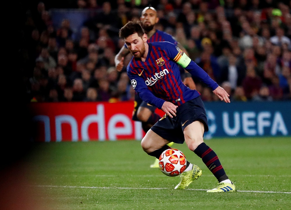 Barcelonau00e2u20acu2122s Lionel Messi scores their third goal against Olympique Lyonnais at Camp Nou, Barcelona March 13, 2019. u00e2u20acu201d Reuters pic