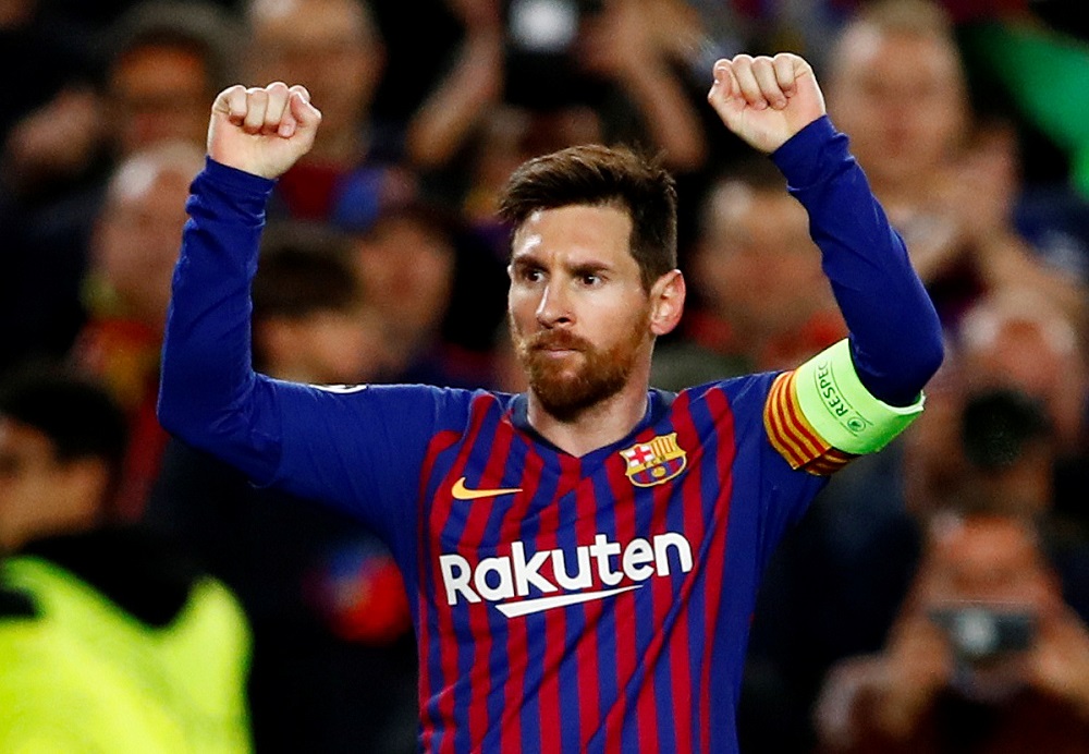 Barcelonau00e2u20acu2122s Lionel Messi celebrates scoring their third goal against Olympique Lyonnais at Camp Nou, Barcelona March 13, 2019. u00e2u20acu201d Reuters pic