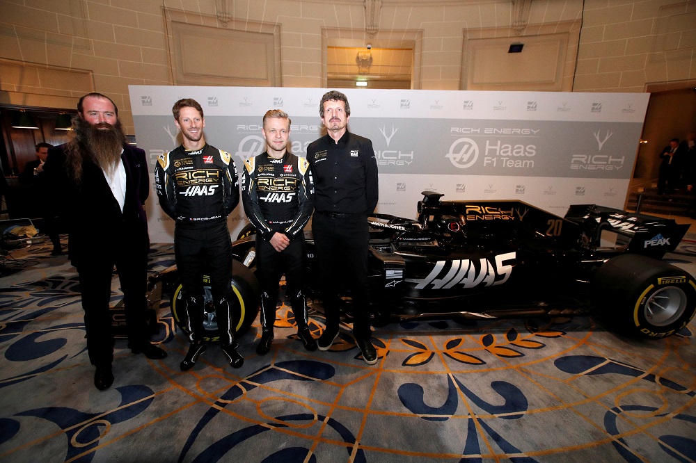 Haasu00e2u20acu2122 Kevin Magnussen, Romain Grosjean, Rich Energy CEO William Storey and Haas Team Principal at the Royal Automobile Club in London February 7, 2019. u00e2u20acu201d Reuters pic
