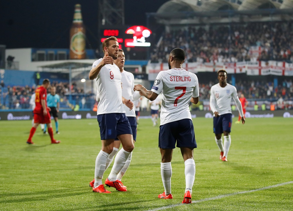 England's Raheem Sterling celebrates scoring their fifth goal with team mates at the Podgorica City Stadium in  Podgorica, Montenegro March 25, 2019. u00e2u20acu201d Action Images via Reuters 