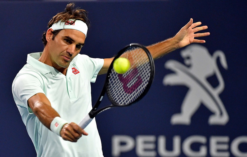 Roger Federer returns a shot back to Kevin Anderson (not pictured) during the menu00e2u20acu2122s quarter-finals at Miami Open Tennis Complex March 28, 2019. u00e2u20acu201d Picture by Steve Mitchell-USA TODAY Sports via Reuters