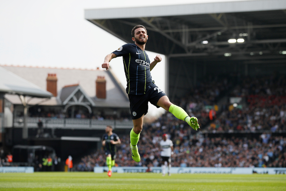 Manchester Cityu00e2u20acu2122s Bernardo Silva celebrates scoring their first goal during their Premier League game with Fulham at Craven Cottage in London March 30, 2019. u00e2u20acu201d Reuters pic