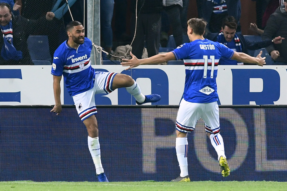 Sampdoriau00e2u20acu2122s Gregoire Defrel celebrates scoring their first goal with Gaston Ramirez during their Serie A match with AC Milan at Stadio Comunale Luigi Ferraris, Genoa March 30, 2019. u00e2u20acu201d Reuters pic