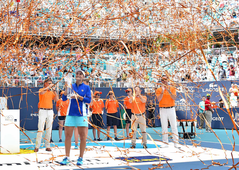Ashleigh Barty celebrates after defeating Karolina Pliskova during the womanu00e2u20acu2122s finals at the Miami Open in Miami Gardens March 30, 2019. u00e2u20acu201d Steve Mitchell-USA TODAY Sports pic via Reuters