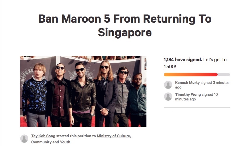 As ridiculous as it sounds, the call to ban Maroon 5 appears to be a serious call by health-conscious Singaporeans. u00e2u20acu201d Screen capture via change.org
