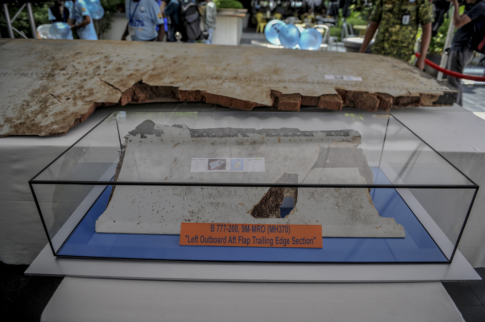 A piece of debris from flight MH370 is displayed during the remembrance ceremony to mark the 5th anniversary of the plane’s disappearance in Kuala Lumpur March 3, 2019.