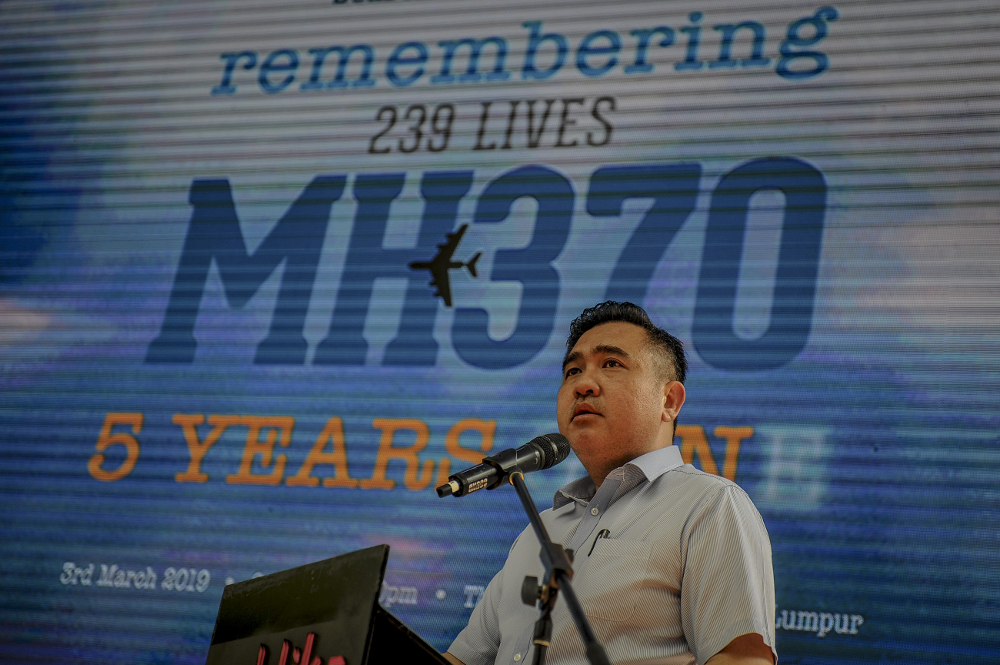 Transport Minister Anthony Loke speaks during a press conference on MH370 in Kuala Lumpur March 3, 2019. u00e2u20acu201d Picture by Firdaus Latif 