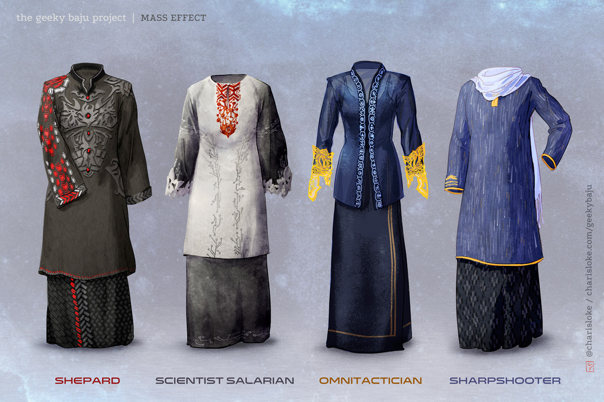 The futuristic setting of the 'Mass Effect' video games is merged with traditional baju kurung and kebaya.