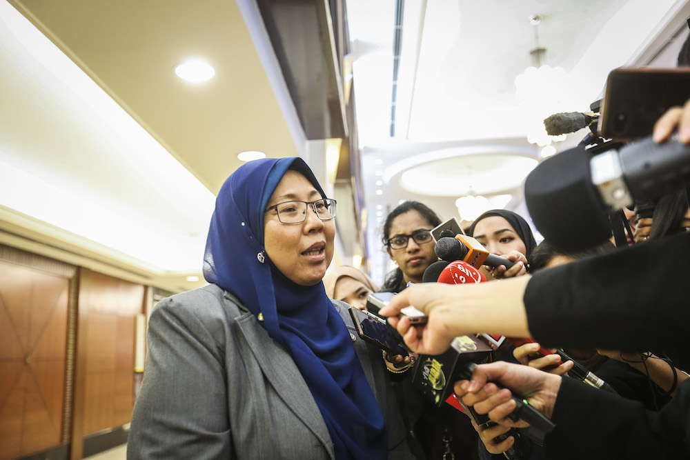 Fuziah Salleh speaks to reporters in Parliament in Kuala Lumpur March 25, 2019. u00e2u20acu201d Picture by Firdaus Latif