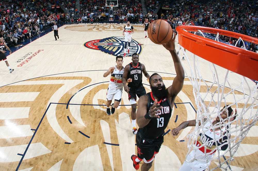 James Harden (13) of the Houston Rockets shoots the ball against the New Orleans Pelicans at the Smoothie King Centre in New Orleans March 24, 2019. u00e2u20acu201d AFP pic