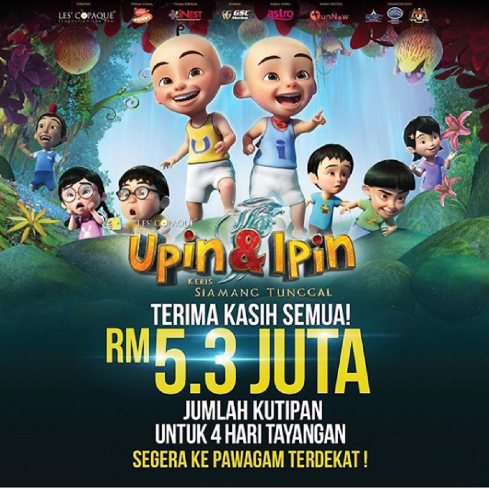 Filem animasi Upin & Ipin: Keris Kiamat Tunggal berjaya mengutip RM5.3 juta selepas empat hari tayangan. u00e2u20acu201d Foto ihsan Instagram/lescopaque