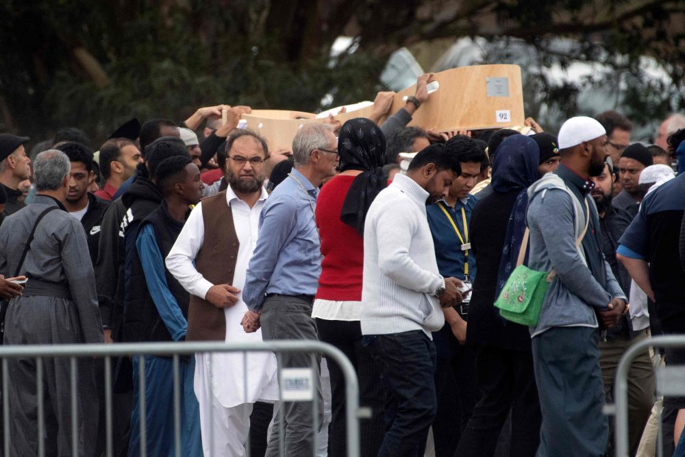 Mourners proceed with a coffin of Sayyad Milne, victim of New Zealandu00e2u20acu2122s twin mosque massacre, for burial after a funeral prayer at the Memorial Park Cemetery in Christchurch March 21, 2019. u00e2u20acu201d Marty Melville pic via AFP