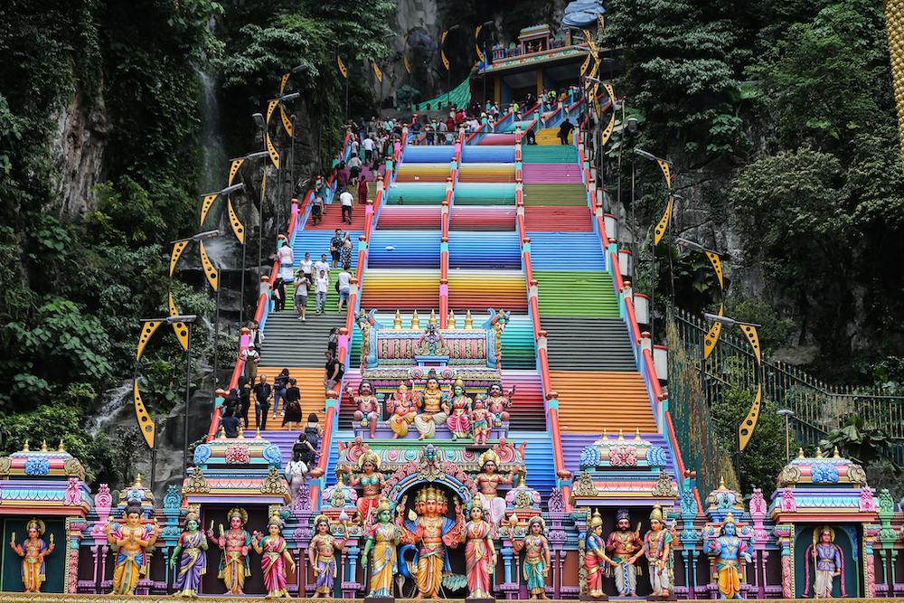 The 272 steps leading to the entrance of the Sri Subramanian Swamy Temple at Batu Caves were recently given a colourful makeover to make it livelier. u00e2u20acu201d Picture by Hari Anggara