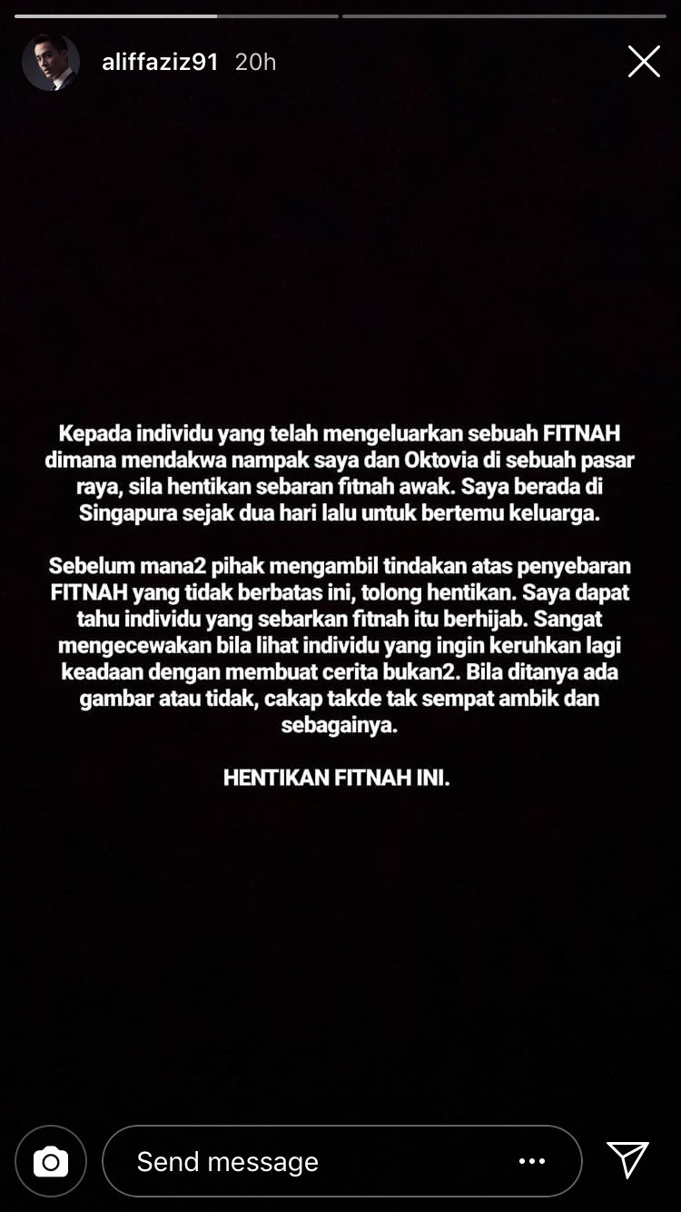 Aliff’s message to Facebook user Sara after she spread rumours about him on social media. — Picture via Instagram/aliffaziz91