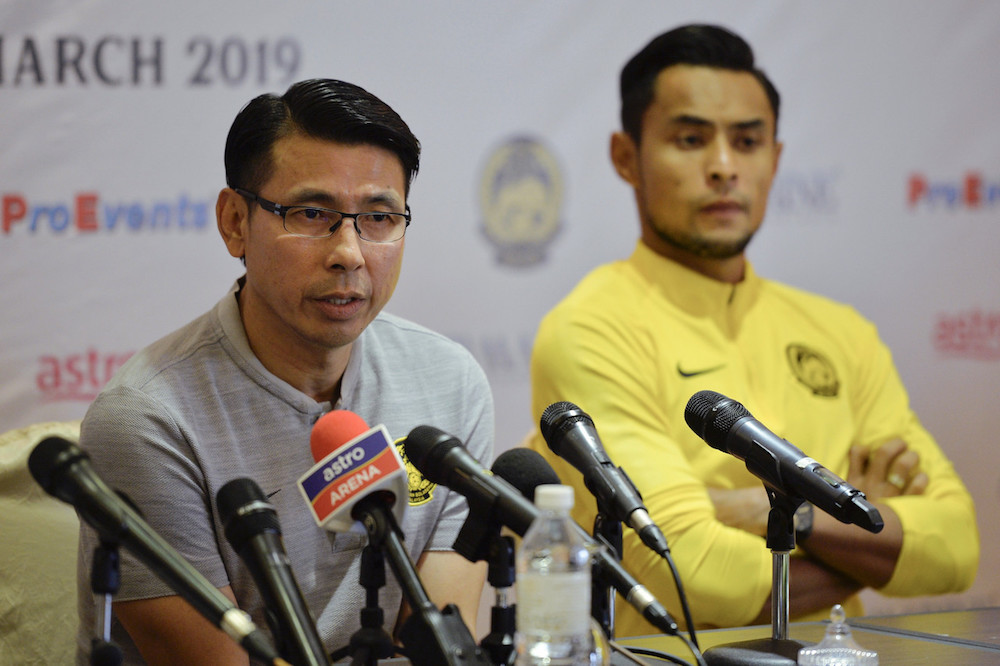 Harimau Malaya coach Tan Cheng Hoe and team captain Zaquan Adha attend a press conference for the Airmarine Cup 2019 in Subang Jaya March 19, 2019. u00e2u20acu201d Bernama pic
