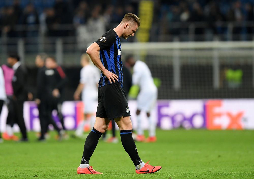 Inter Milanu00e2u20acu2122s Milan Skriniar looks dejected after the Europa League Round of 16 Second Leg match Inter Milan v Eintracht Frankfurt in San Siro, Milan, Italy, March 14, 2019. u00e2u20acu201d Reuters pic