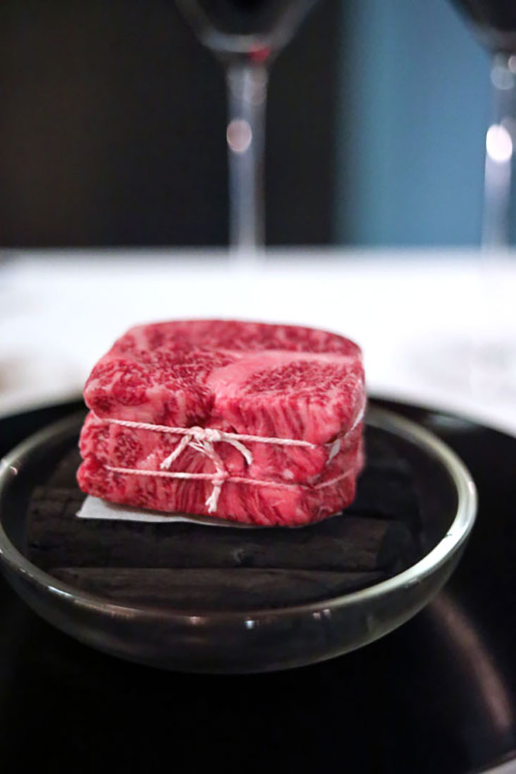 The Niigata Murakami Wagyu Beef A5 before it is grilled over 'binchō' charcoal.