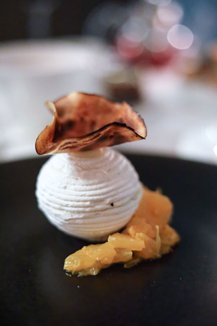 Koshihikari rice dessert with fresh, confit and smoked Corsican clementines.