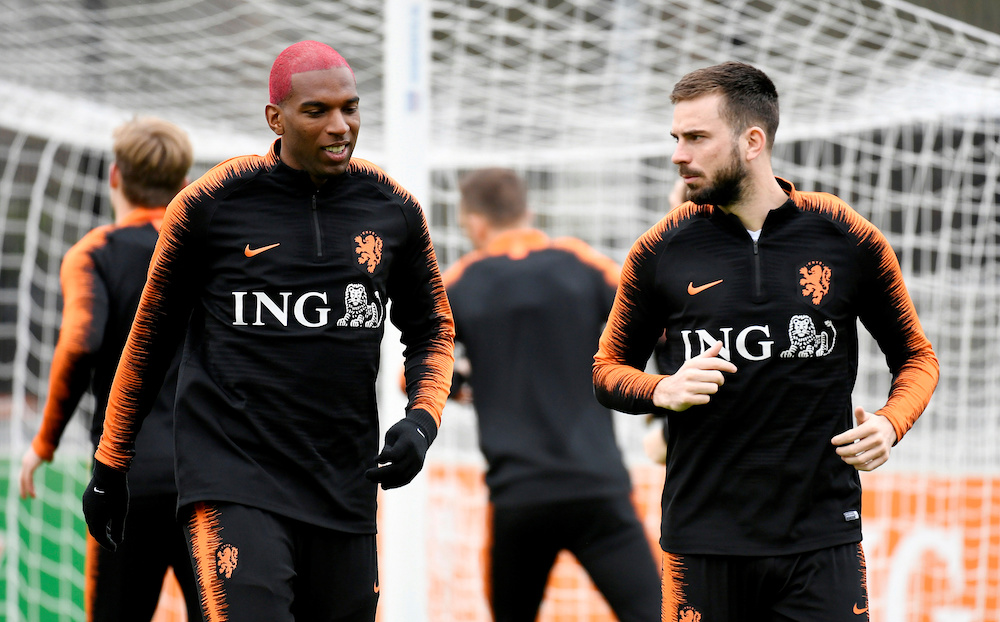 Netherlandsu00e2u20acu2122 Ryan Babel and Davy Propper during training at the KNVB Campus in Zeist, Netherlands, March 23, 2019. u00e2u20acu201d Reuters pic