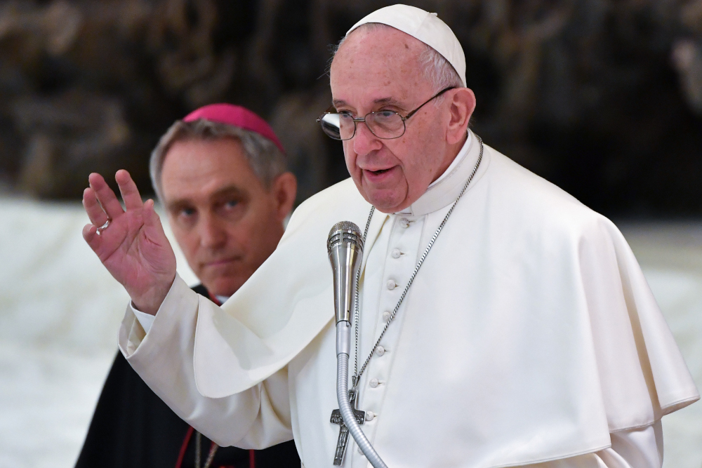 Pope Francis speaks as as Prefect of the papal household Georg Gaenswein looks on during an audience with participants in the Course on the Internal Forum, on March 29, 2019 at Paul-VI hall in the Vatican. u00e2u20acu201d AFP pic  