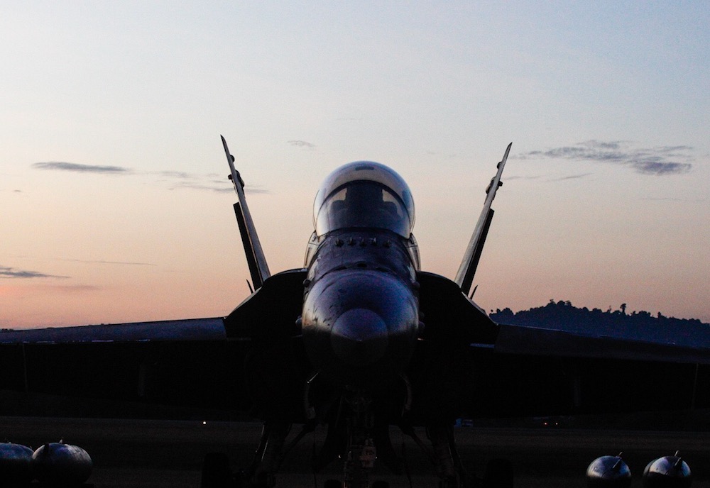 A Royal Malaysian Air Force F/A-18D Hornet is seen during sunrise on the tarmac of Mahsuri International Exhibition Centre during Limau00e2u20acu212219 in Langkawi March 27, 2019. u00e2u20acu201d Picture by Sayuti Zainudin