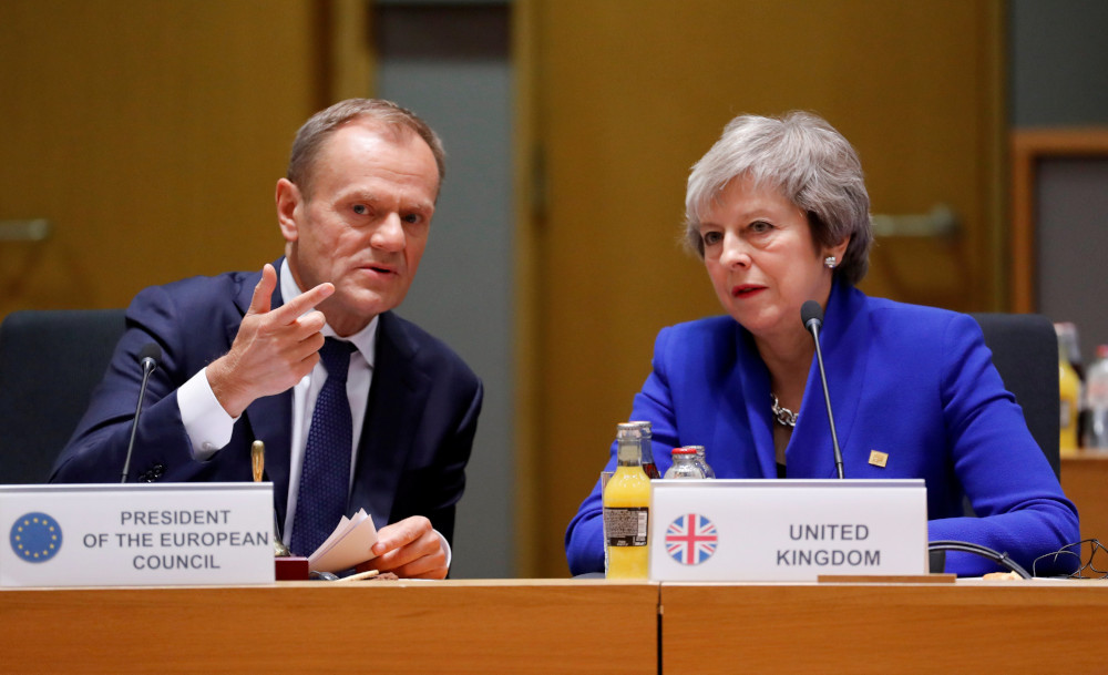 British Prime Minister Theresa May and European Union Council President Donald Tusk during the extraordinary EU leaders summit to finalise and formalise the Brexit agreement in Brussels, Belgium November 25, 2018. u00e2u20acu201d Reuters pic