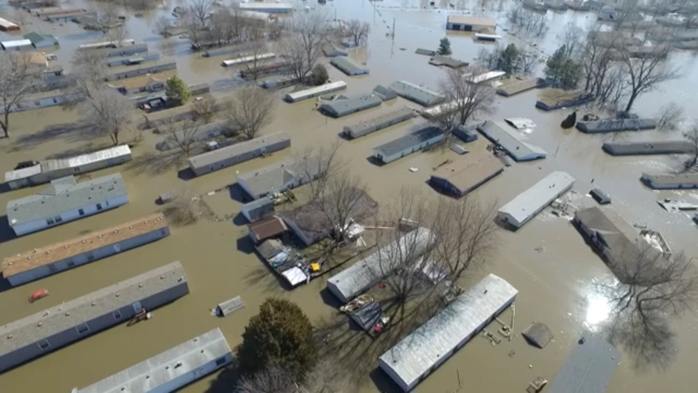 Buildings are submereged in floodwater in Bellevue, Nebraska, US, March 20, 2019, in this still image taken from social media. u00e2u20acu201d Bellevue (Nebraska) Police Department handout pic via Reuters 