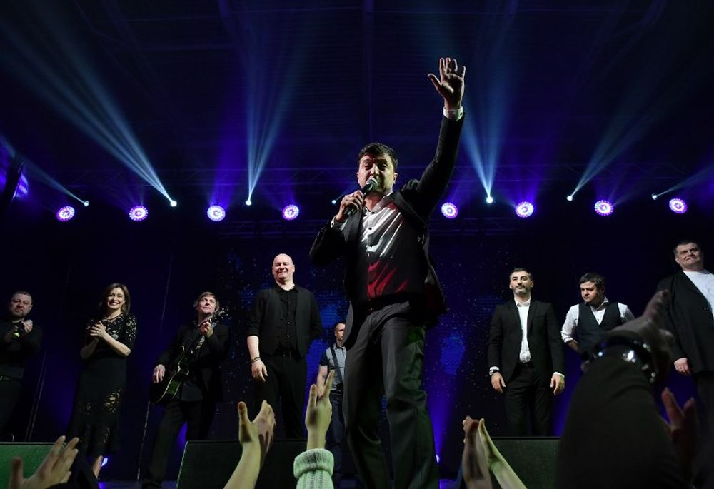 Ukrainian comic actor, showman and presidential candidate Volodymyr Zelensky (centre) performs with his u00e2u20acu02dc95th blocku00e2u20acu2122 comedy group in small town Brovary, near Kiev, March 29, 2019. u00e2u20acu201d AFP pic