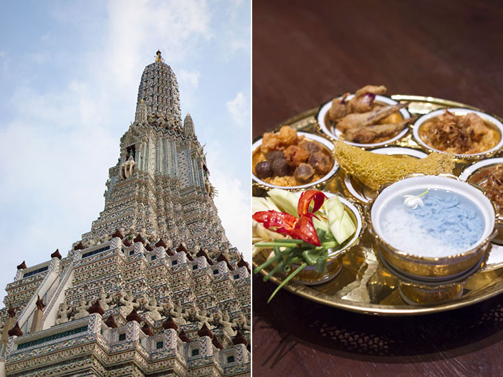 The resplendent Wat Arun Ratchawararam (Temple of Dawn) (left). 'Khao chae' (“rice soaked in cool water”) is a Thai summer dish eaten during Songkran (right).