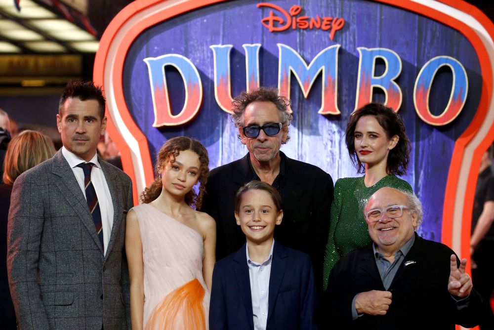 Actor Colin Farrell, actor Nico Parker, director Tim Burton, actor Finley Hobbins, actor Eva Green and actor Danny DeVito attend the European premiere of u00e2u20acu02dcDumbou00e2u20acu2122 movie in London March 21, 2019. u00e2u20acu201d Reuters pic