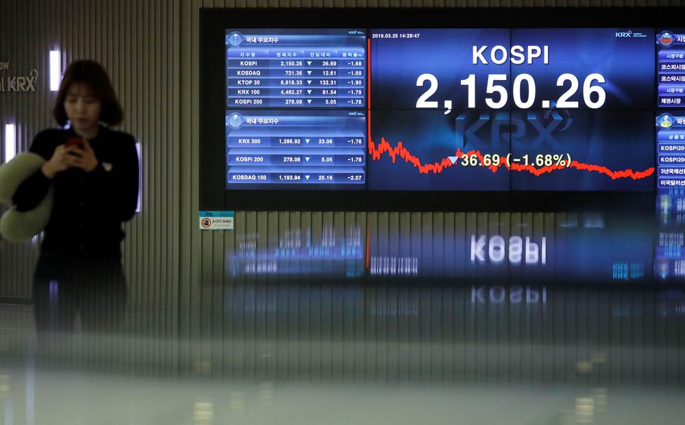 A woman walks past an electronic board showing the Korea Composite Stock Price Index (Kospi) at the Korea Exchange in Seoul, South Korea March 25, 2019. u00e2u20acu201d Reuters pic